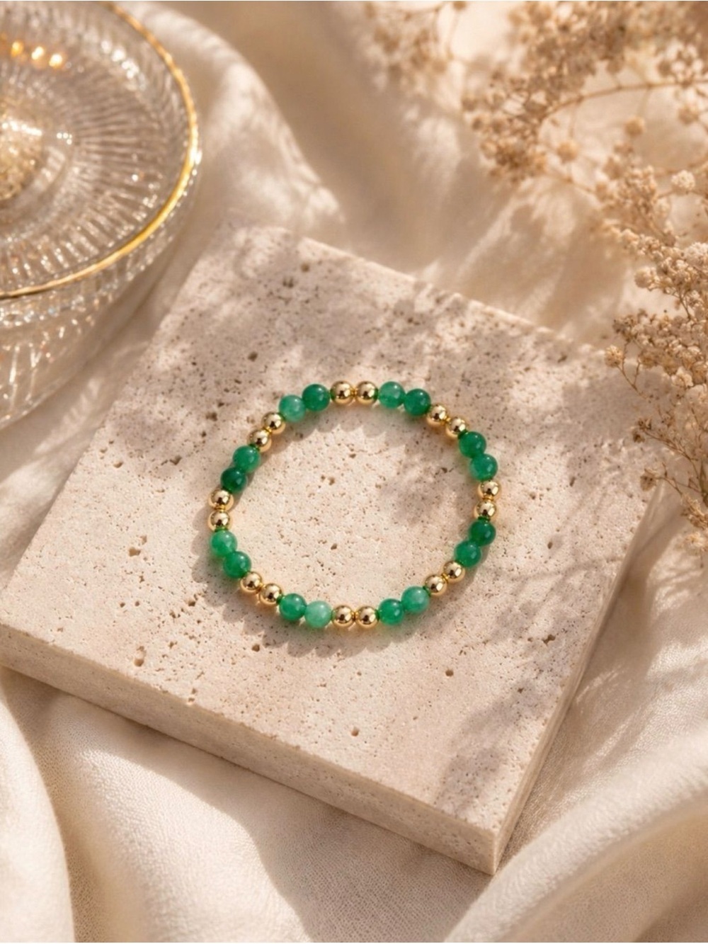 Green Gemstone and Gold beaded stretch Bracelet
